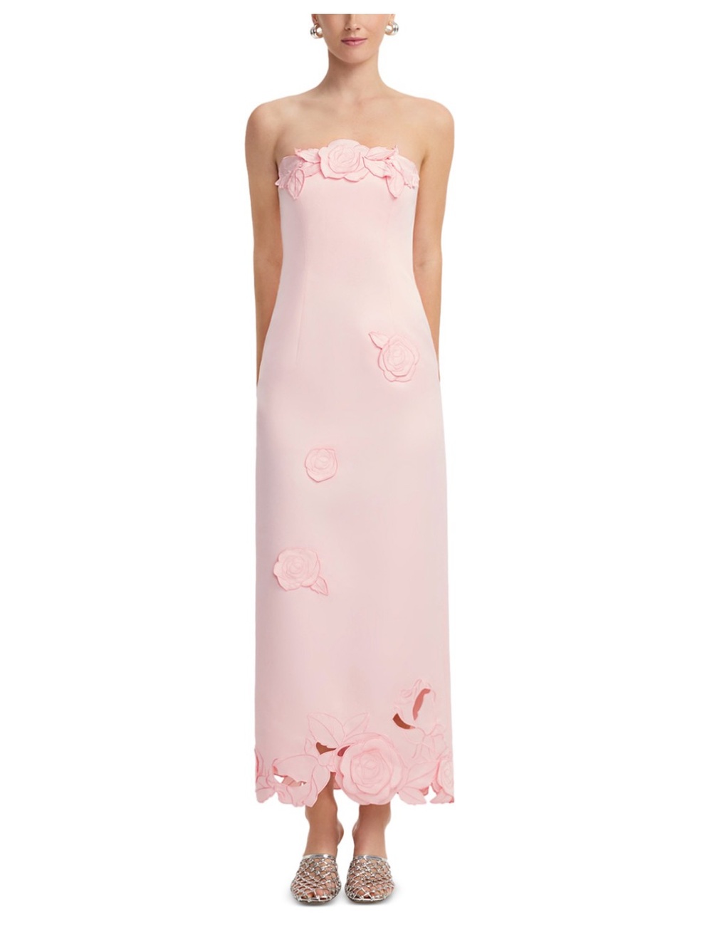 NWT LEO LIN Rayna Appliqué Bustier Maxi Dress Blush Pink Strapless 3D Floral